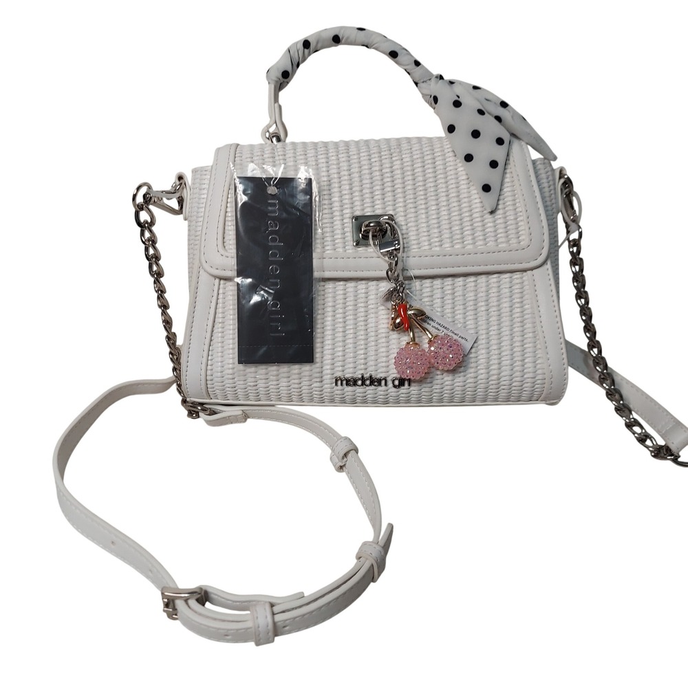 Madden Girl White Woven Top Handle Crossbody Bag Scarf Cherry Charm‎ NEW